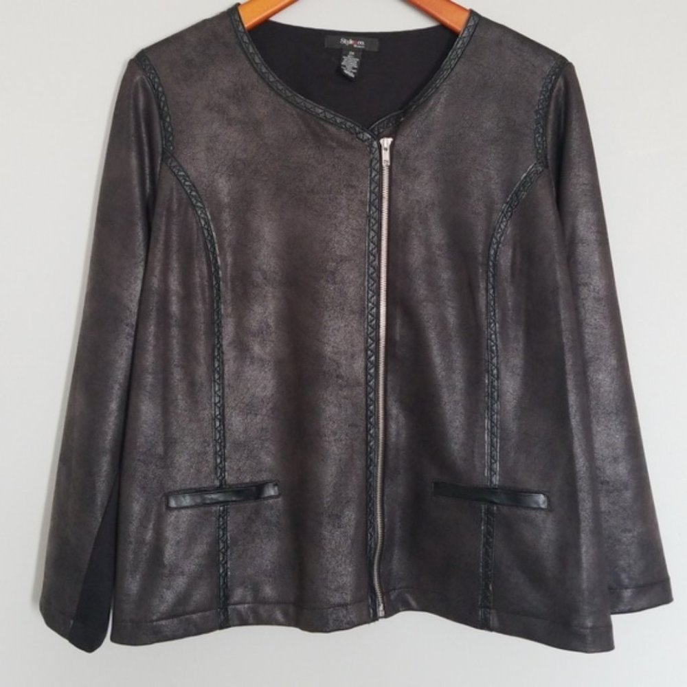 {Style & Co} Faux Leather Charcoal Crackle Jacket